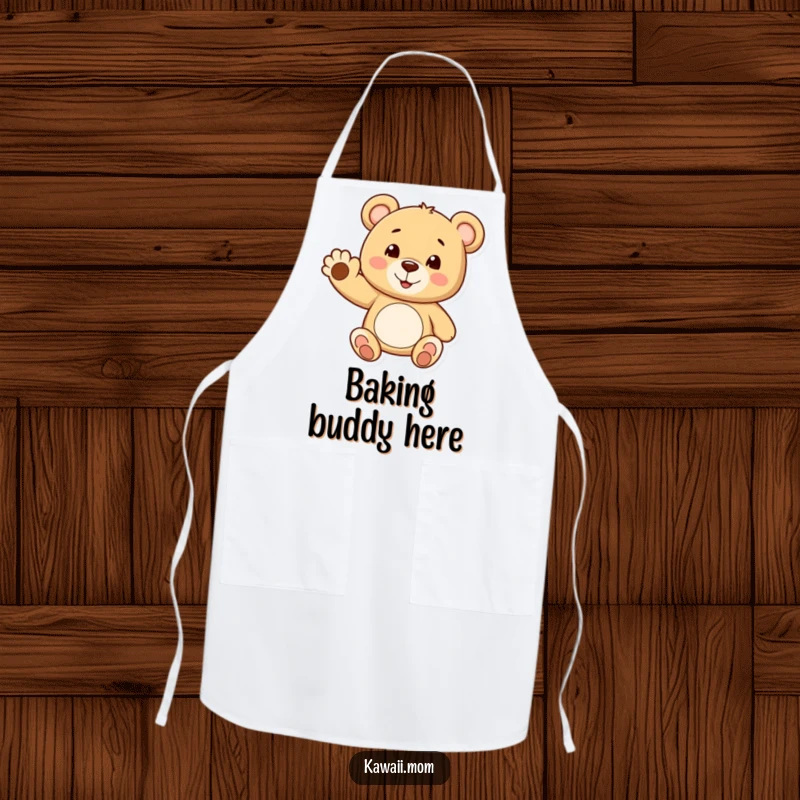 Funny teddy bear apron showcasing a cheerful bear waving a tiny paw with a smile, perfect for humorous cooking.