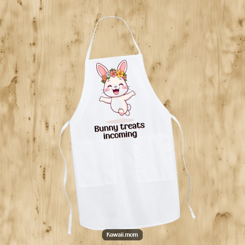 Funny bunny wearing a festive flower crown, depicted hopping excitedly on a practical kitchen apron, a humorous gift.