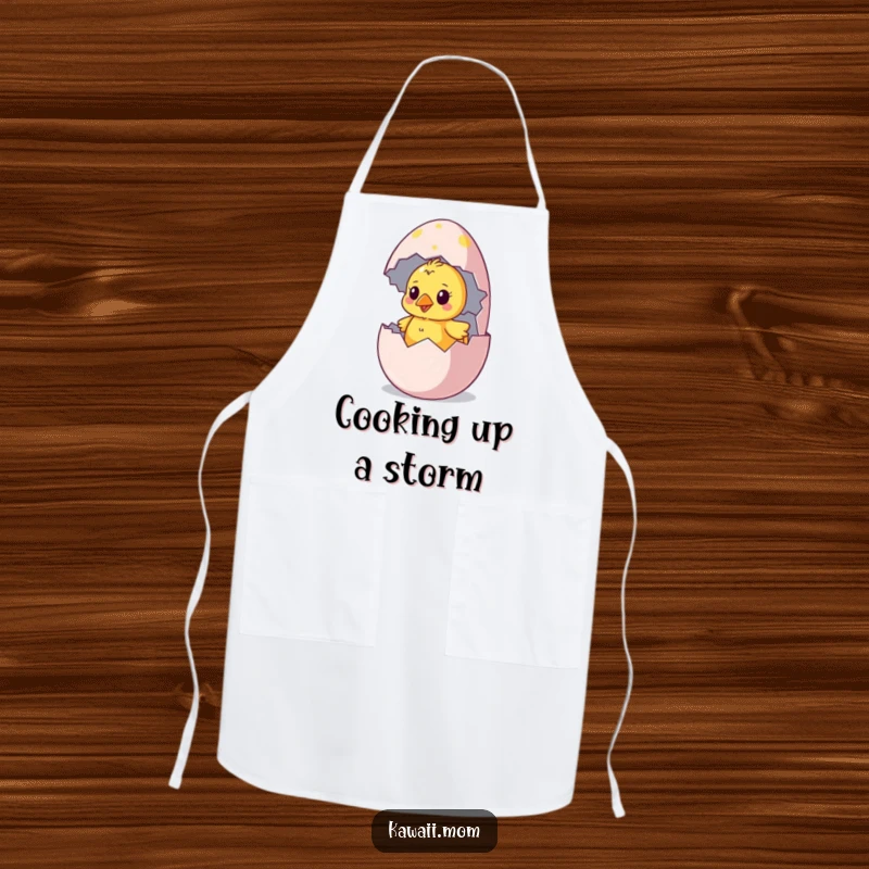 Funny chick apron showcasing a curious chick hatching from a colorful egg, perfect for humorous cooking and baking.