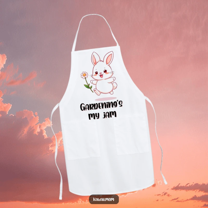 Funny bunny apron showcasing a fluffy character joyfully hopping with a flower, perfect for humorous cooking and baking.