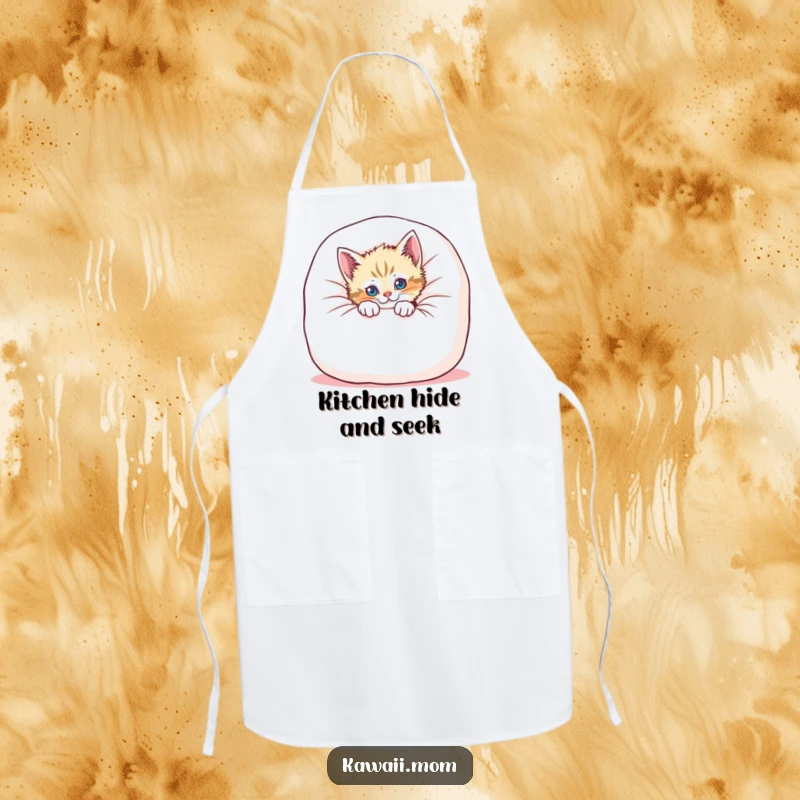 Funny kitten apron showcasing a playful cat peeking from behind a giant, soft cushion, perfect for humorous cooking.