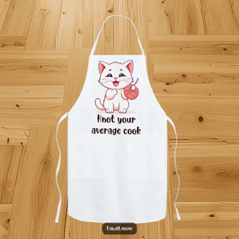 Funny Apron: Features a happy kitten character playfully batting at a dangling ball of yarn, adding cheer to cooking and baking.