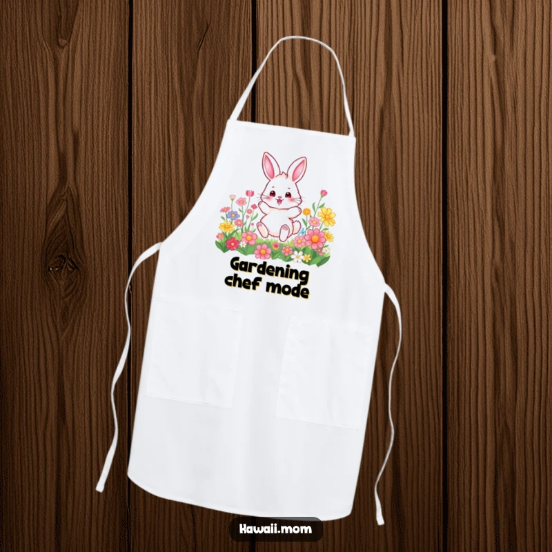 Funny Apron: A fluffy bunny character joyfully hopping amidst colorful flowers, perfect for adding cheer to cooking and baking.