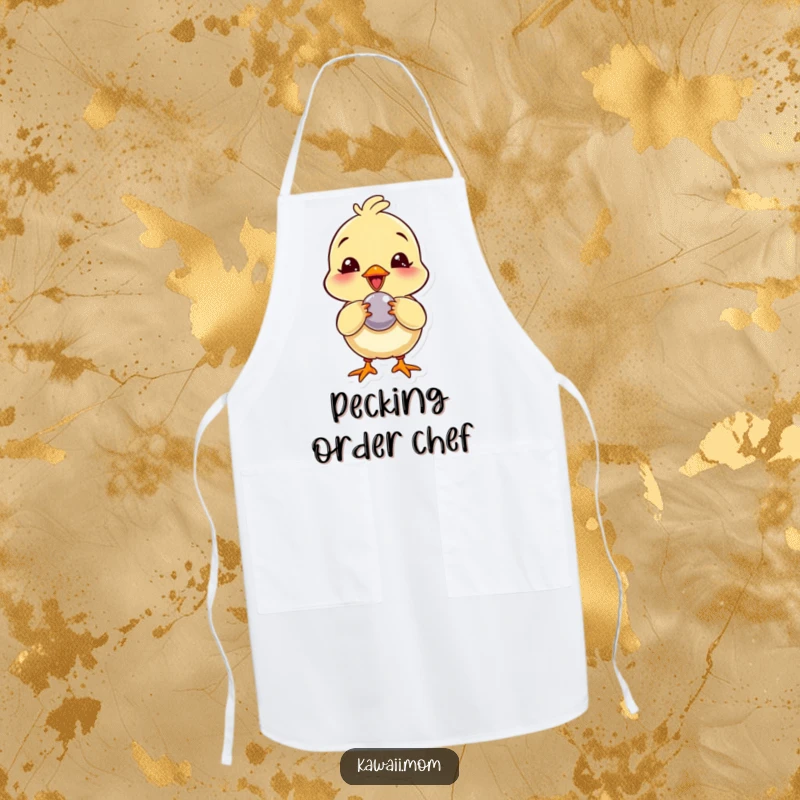 Funny Apron: A giggling chick character playfully pecking at a shiny button, perfect for adding cheer to cooking and baking.