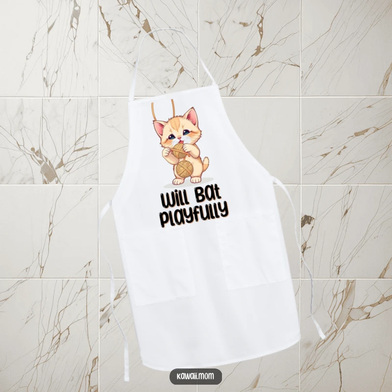 Funny cute kitten playfully batting at a dangling yarn ball on a practical kitchen apron, a humorous and fun gift.