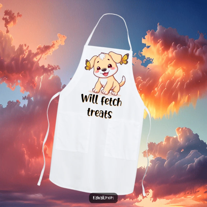 Funny happy puppy with a wagging tail chasing a butterfly on a practical kitchen apron, a humorous and fun gift.