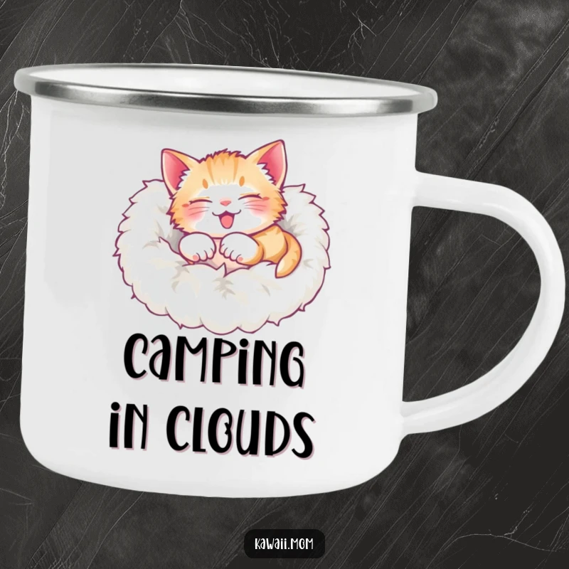 Funny Camping Mug: Enamel cup featuring a delighted kitten rolling over in a soft, fluffy pile, perfect for outdoor comfort.