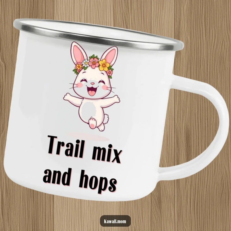 Funny bunny wearing a flower crown, hopping joyfully, on a sturdy camping mug, ideal for outdoor enthusiasts, a gift.