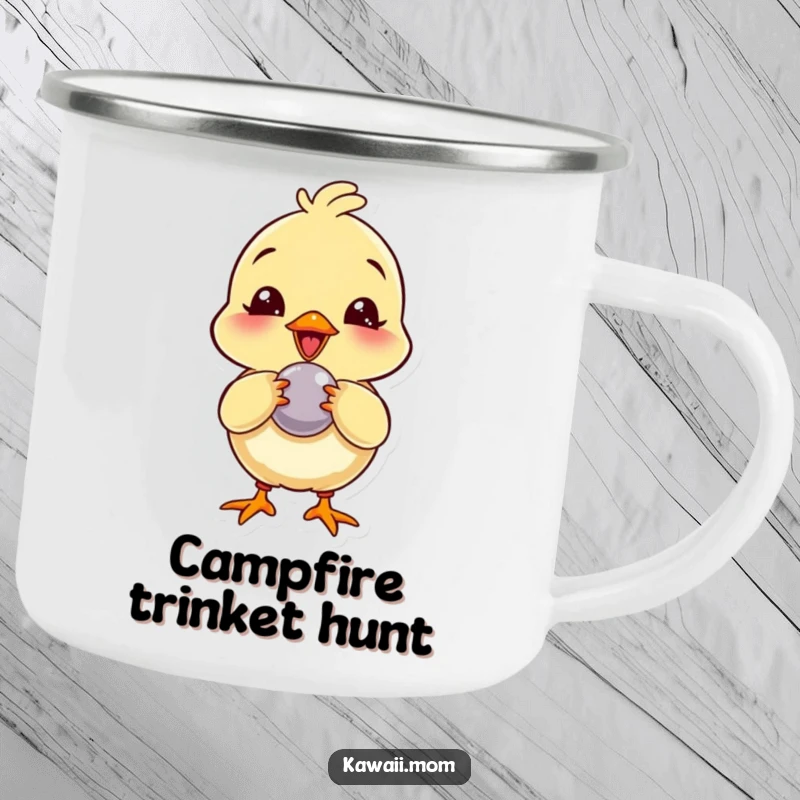 Funny Camping Mug: Enamel cup featuring a giggling chick character playfully pecking at a shiny button, perfect for outdoor fun.