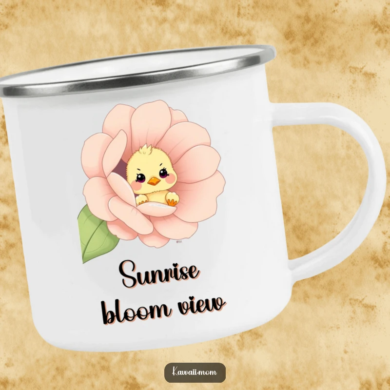 Funny curious chick peeking out from an oversized flower on a sturdy camping mug, ideal for outdoor adventures, a gift.