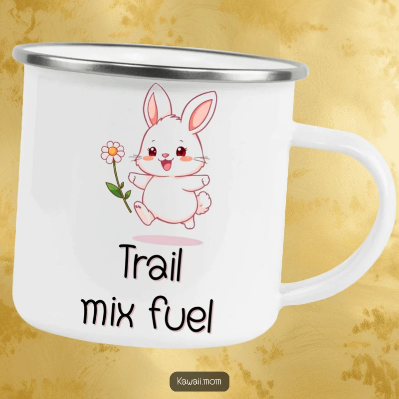 Funny bunny camping mug featuring a fluffy character hopping with a flower, designed for outdoor enthusiasts with a sense of humor.