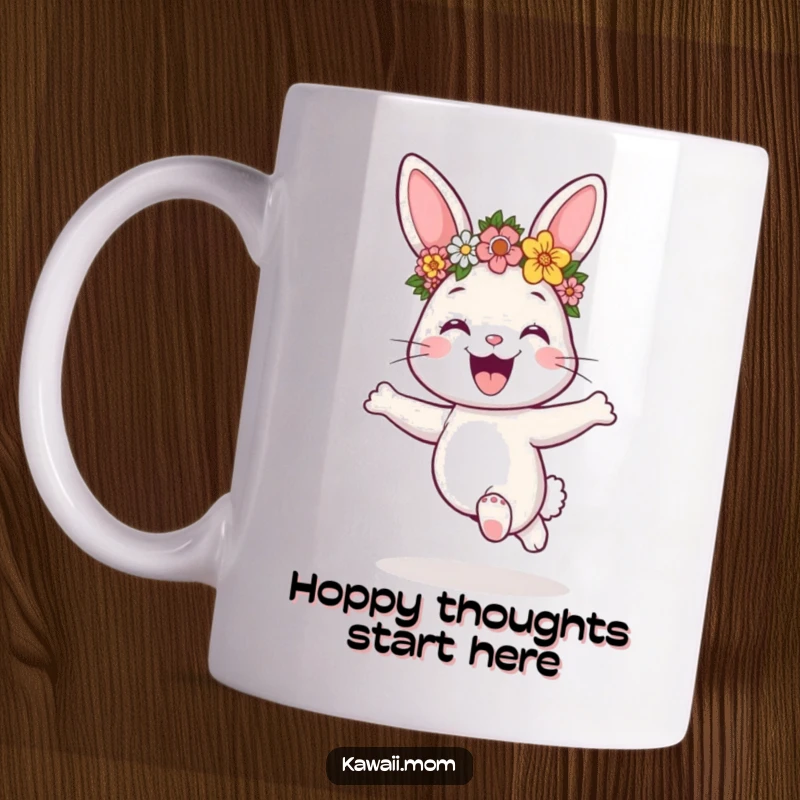 Funny bunny with flower crown hopping excitedly, spreading joy on this delightful mug, a perfect gift.
