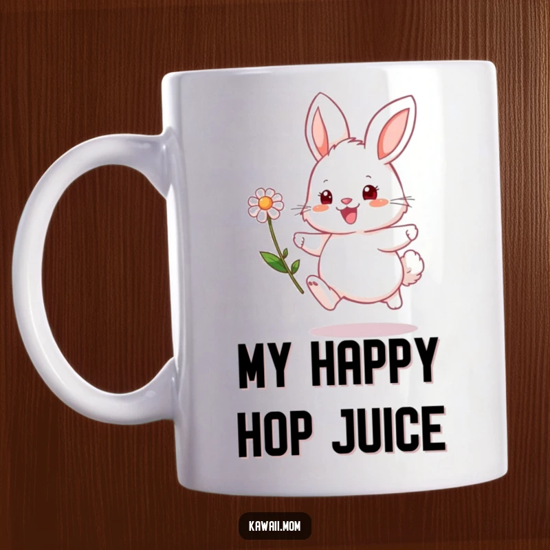 Funny bunny mug featuring a fluffy character hopping excitedly with a bright flower, perfect for Easter celebrations.