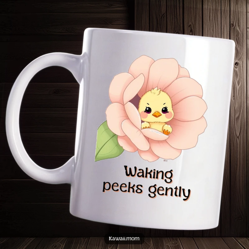 Funny curious chick peeking out from an oversized flower on this delightful mug, a charming spring gift.