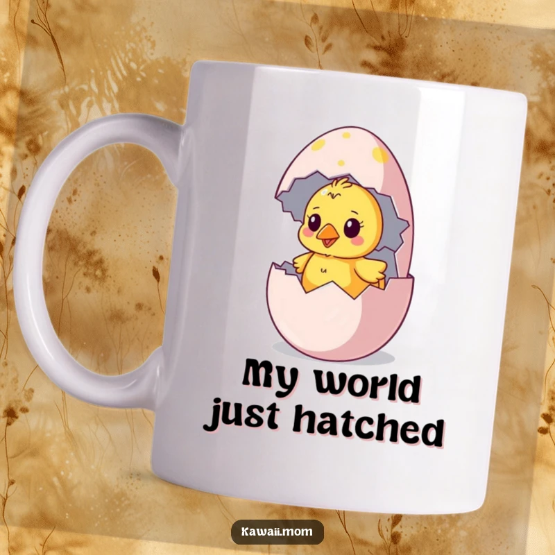 Funny chick mug featuring a curious baby bird hatching from a large, colorful egg, symbolizing new life.