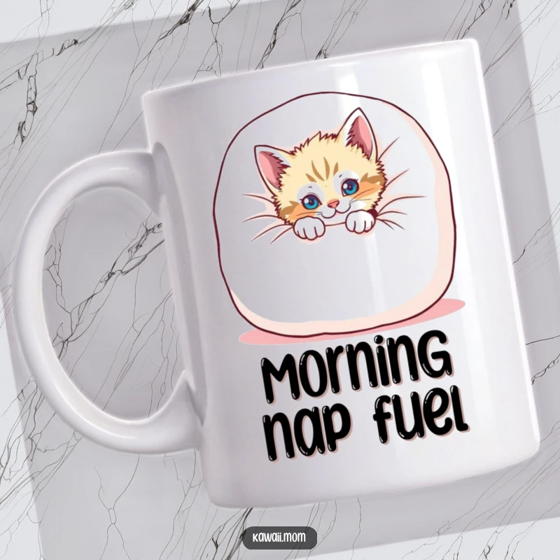 Funny kitten mug featuring a playful cat peeking from behind a giant, soft cushion, offering a cute surprise.