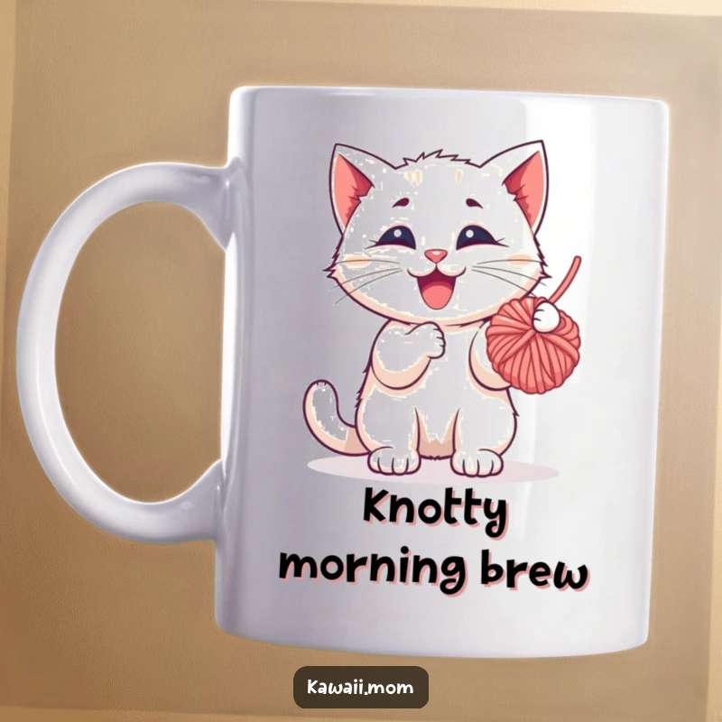 Funny Mug: A happy kitten character playfully batting at a dangling ball of yarn, full of playful energy and mischief.
