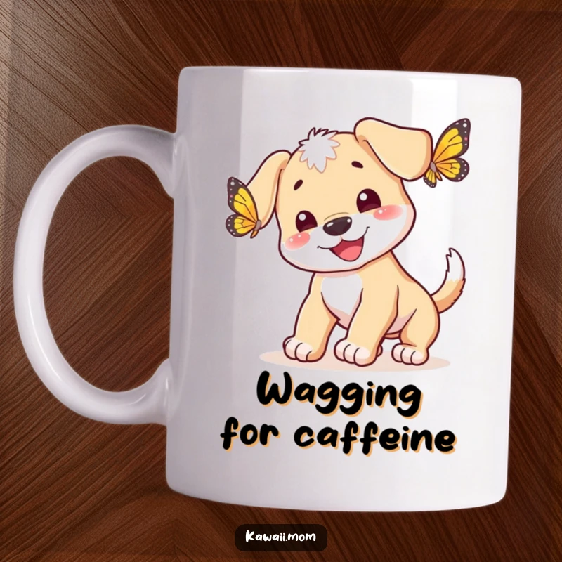 Funny happy puppy with a wagging tail, gleefully chasing a butterfly on this delightful mug, a perfect gift.