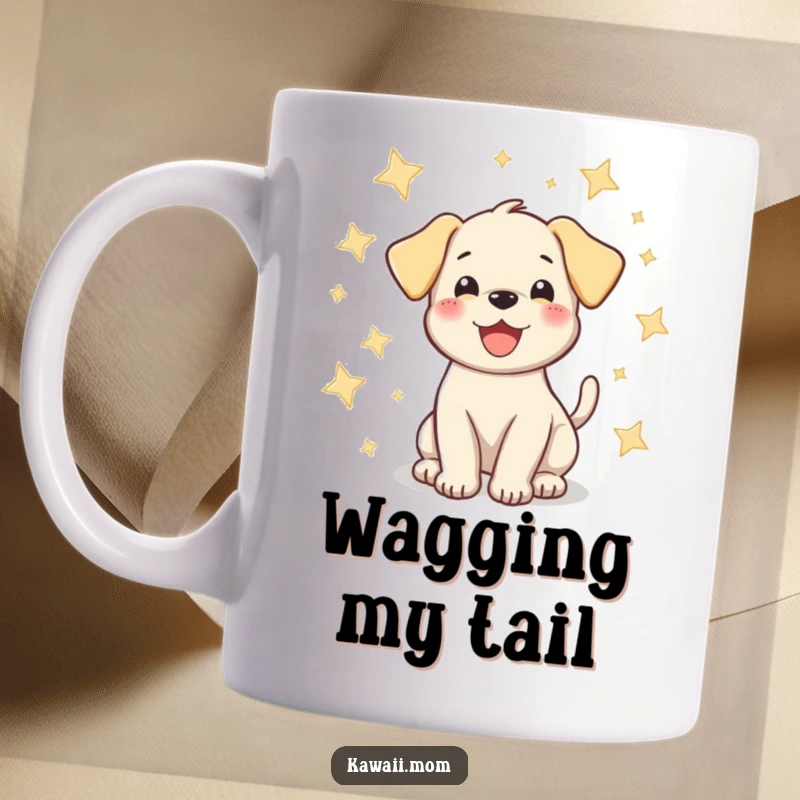 Funny puppy mug featuring a happy dog wagging its tail enthusiastically amidst a backdrop of sparkling stars.