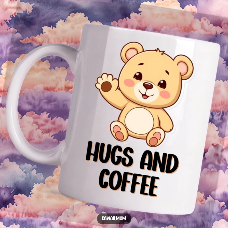 Funny teddy bear mug featuring a cheerful character waving a tiny paw with a big smile, radiating warmth.