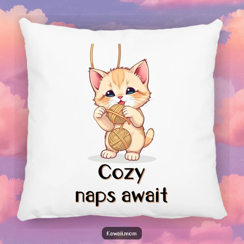 Funny cute kitten playfully batting at a dangling yarn ball, creating a comfortable and decorative pillow, a wonderful gift.