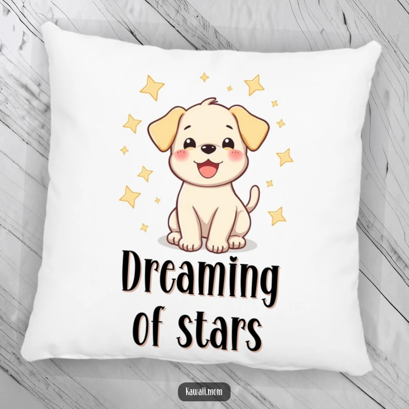 Funny puppy pillow featuring a happy dog wagging its tail surrounded by sparkling stars, offering a humorous and cozy accent.