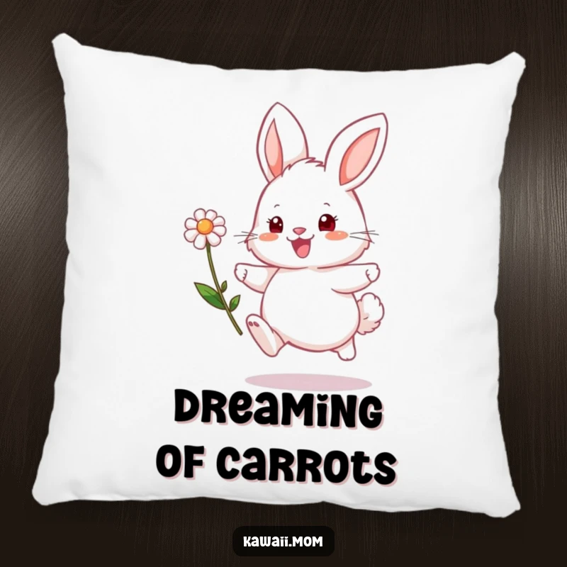 Funny bunny pillow featuring a soft, fluffy character hopping with a flower, providing a humorous and comfortable accent.