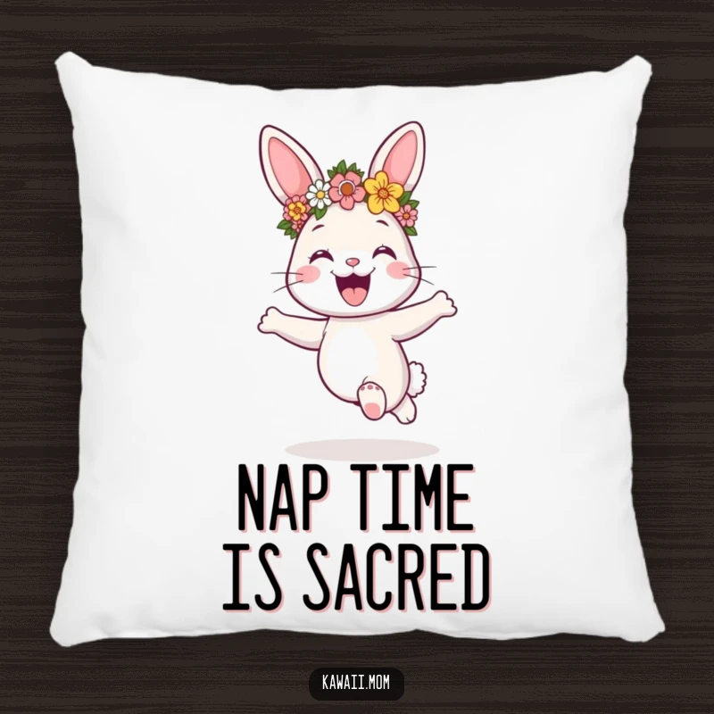 Funny bunny with a flower crown, hopping joyfully, creating a comfortable and decorative pillow, a wonderful gift.