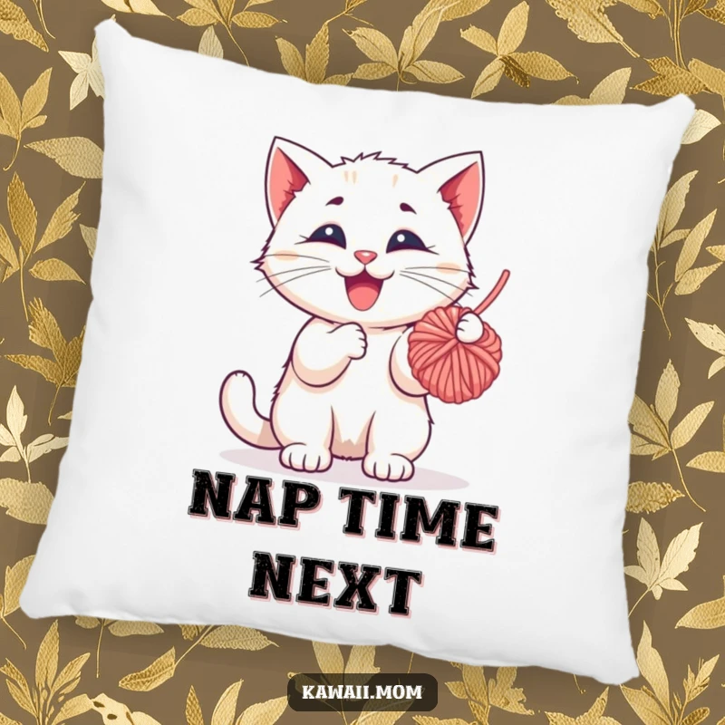 Funny Pillow: Soft plush featuring a happy kitten character playfully batting at a dangling ball of yarn, bringing comfort and charm.