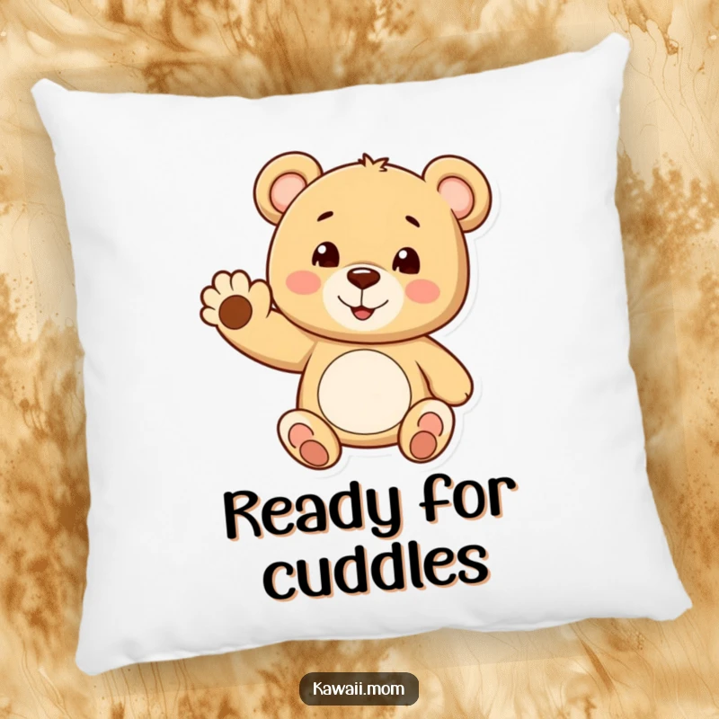 Funny teddy bear pillow featuring a cheerful bear waving a tiny paw with a smile, offering a humorous and cuddly accent.