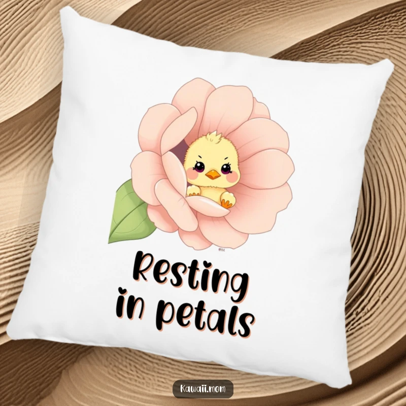 Funny curious chick peeking out from an oversized flower, creating a comfortable and decorative pillow, a wonderful gift.