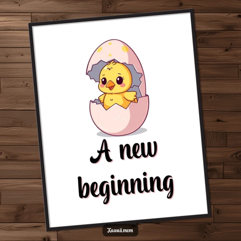 Funny chick digital art print of a curious chick hatching from a colorful, oversized egg, conveying delightful newness.