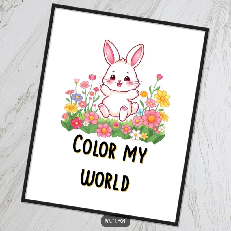 Funny Digital Art: High-resolution image of a fluffy bunny character joyfully hopping amongst a field of colorful flowers, full of life.