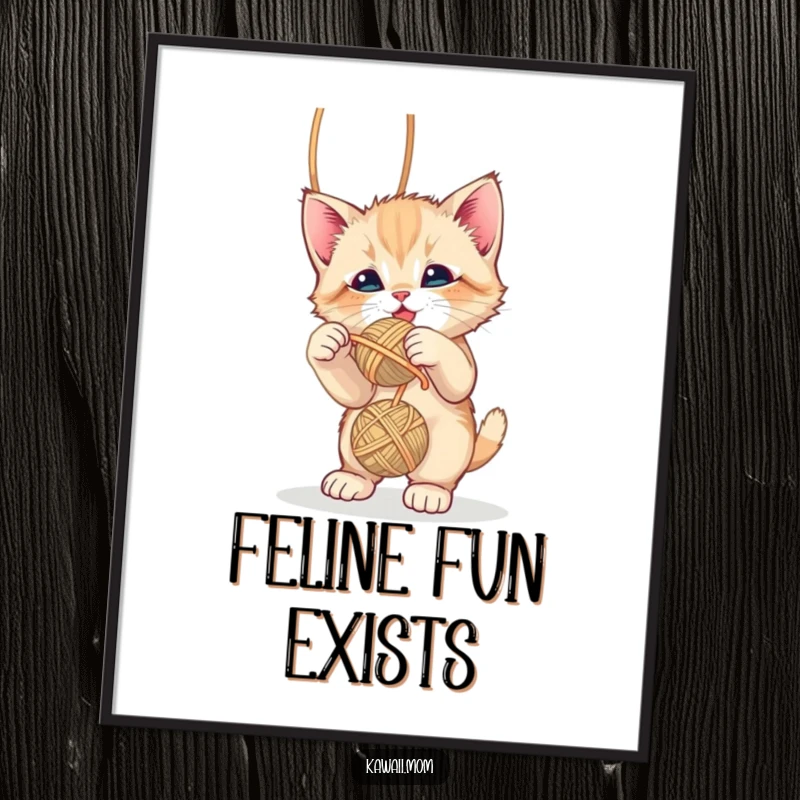 Funny cute kitten playfully batting at a dangling yarn ball, presented as a charming digital art print, a delightful gift.