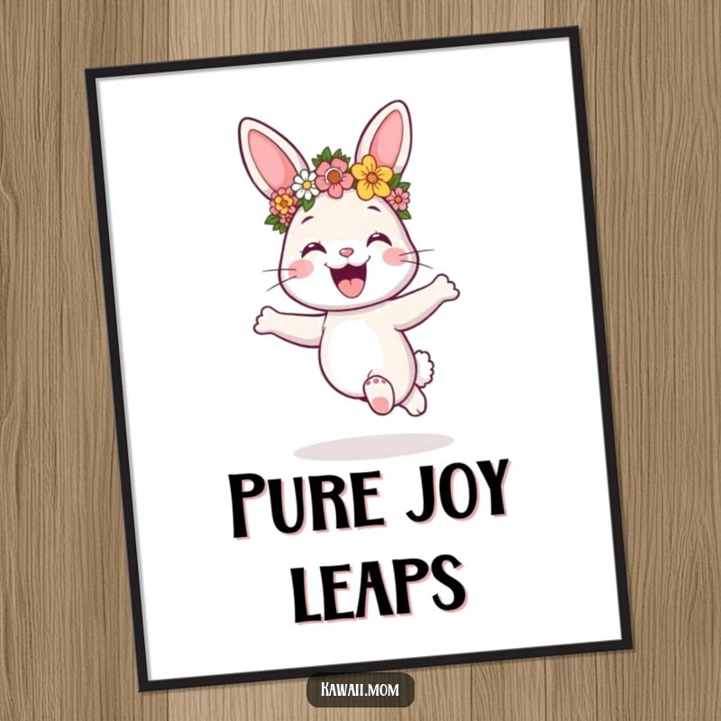 Funny bunny adorned with a flower crown, joyfully hopping, presented as a beautiful digital art print, a delightful gift.