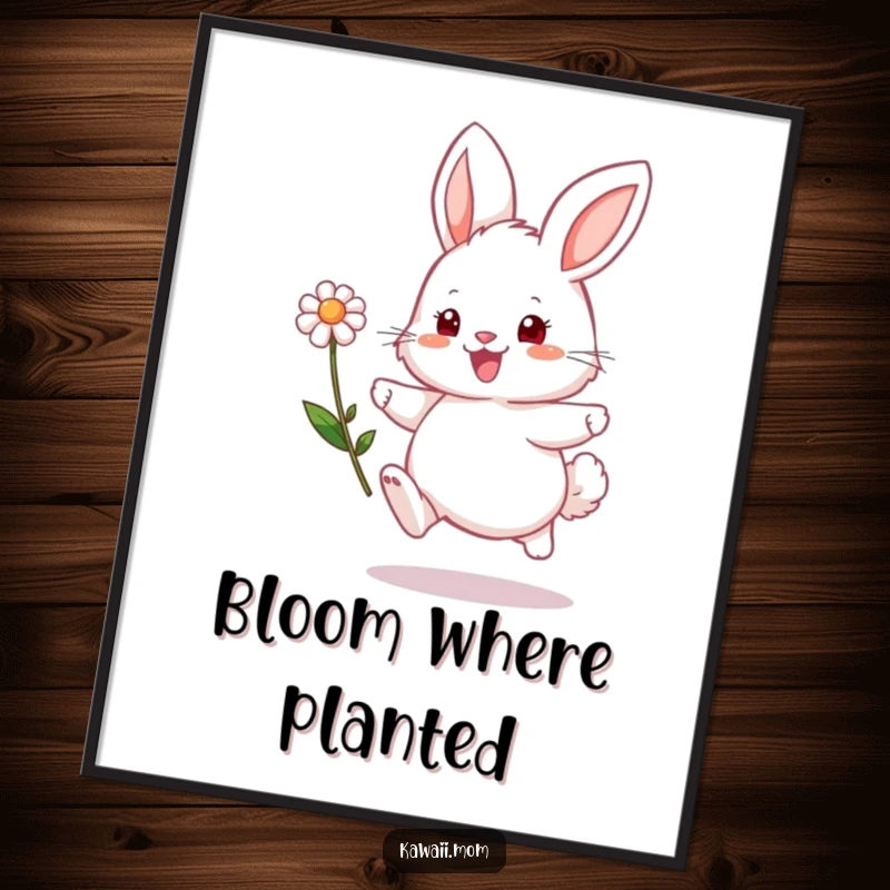 Funny bunny digital art print of a fluffy character hopping excitedly with a flower, conveying pure, playful happiness.
