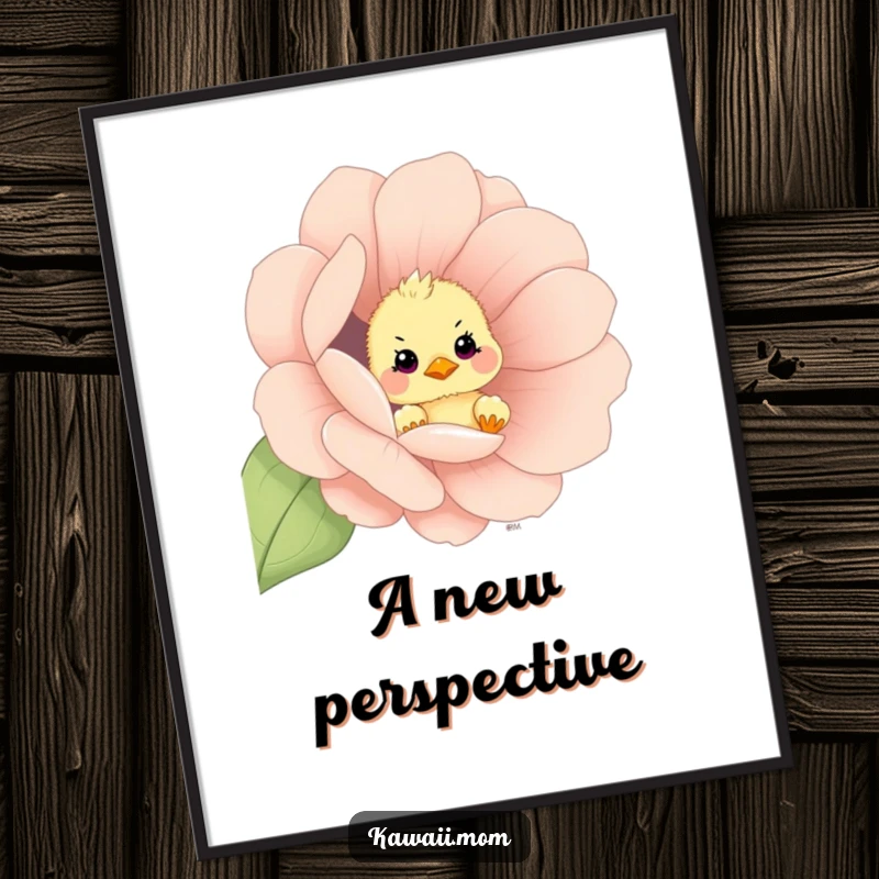 Funny curious chick peeking out from an oversized flower, presented as a charming digital art print, a delightful gift.