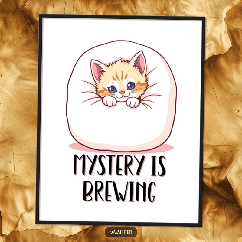 Funny kitten digital art print of a playful cat peeking from a giant, soft cushion, conveying adorable mischief.