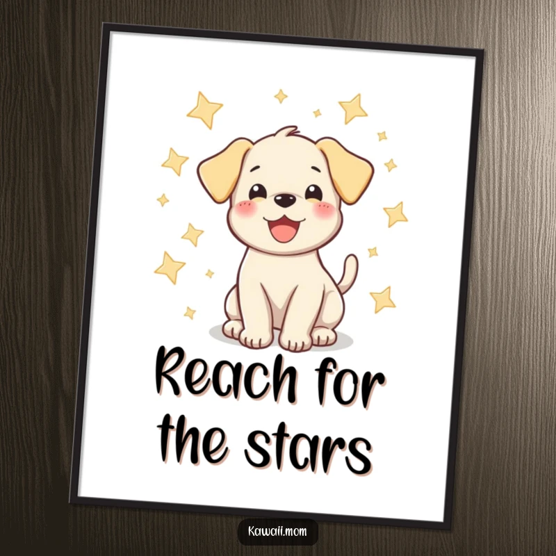 Funny puppy digital art print of a happy dog wagging its tail amidst sparkling stars, conveying pure, joyful energy.