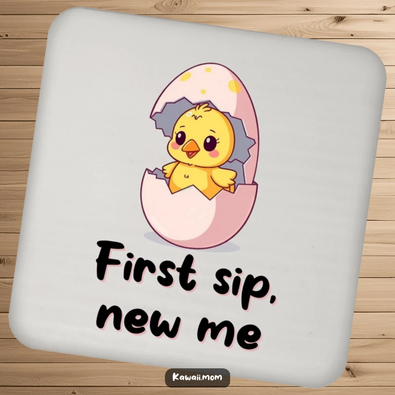 Funny chick coaster featuring a curious chick hatching from a colorful egg, adding a humorous and protective touch.