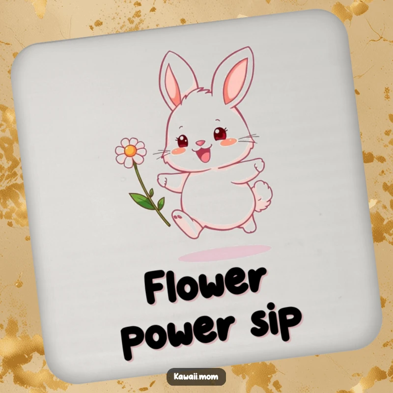 Funny bunny coaster featuring a fluffy character hopping with a flower, adding a humorous and protective touch to surfaces.