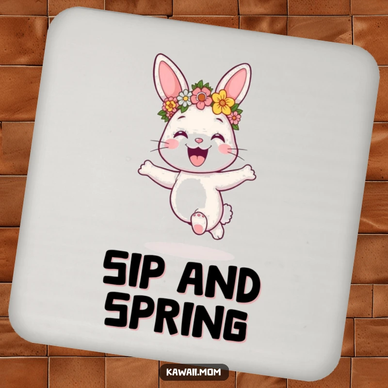 Funny bunny with a flower crown, hopping with joy, depicted on a protective drink coaster, a charming accessory, a gift.