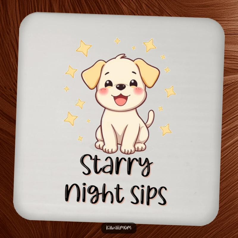 Funny puppy coaster featuring a happy dog wagging its tail surrounded by sparkling stars, adding a humorous and protective touch.