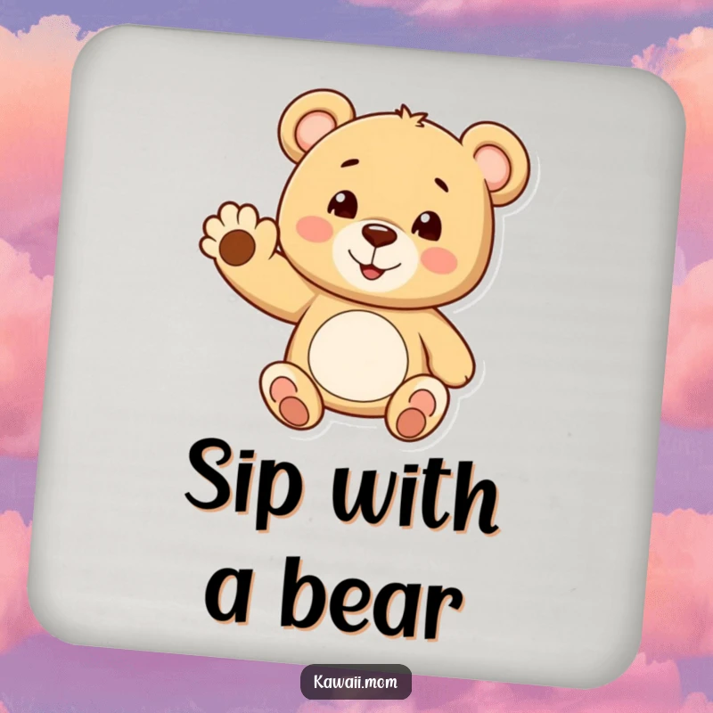 Funny teddy bear coaster featuring a cheerful bear waving a tiny paw with a smile, adding a humorous and protective touch.