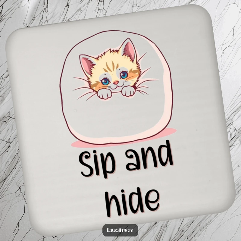 Funny kitten coaster featuring a playful cat peeking from behind a soft cushion, adding a humorous and protective touch.