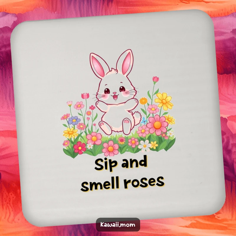 Funny Coaster: A fluffy bunny character joyfully hopping through colorful flowers, protecting surfaces with a smile.