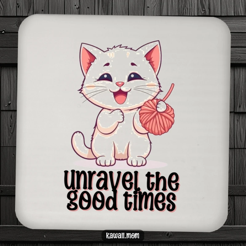 Funny Coaster: A happy kitten character playfully batting at a dangling ball of yarn, protecting surfaces with feline charm.