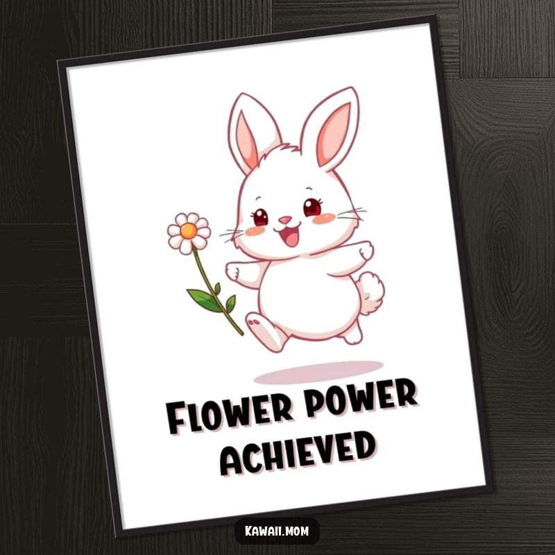 Funny bunny poster showing a fluffy character hopping with a flower, bringing a sense of playful excitement indoors.
