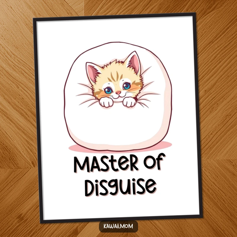 Funny kitten poster showing a playful cat peeking from behind a large, soft cushion, bringing whimsical charm.
