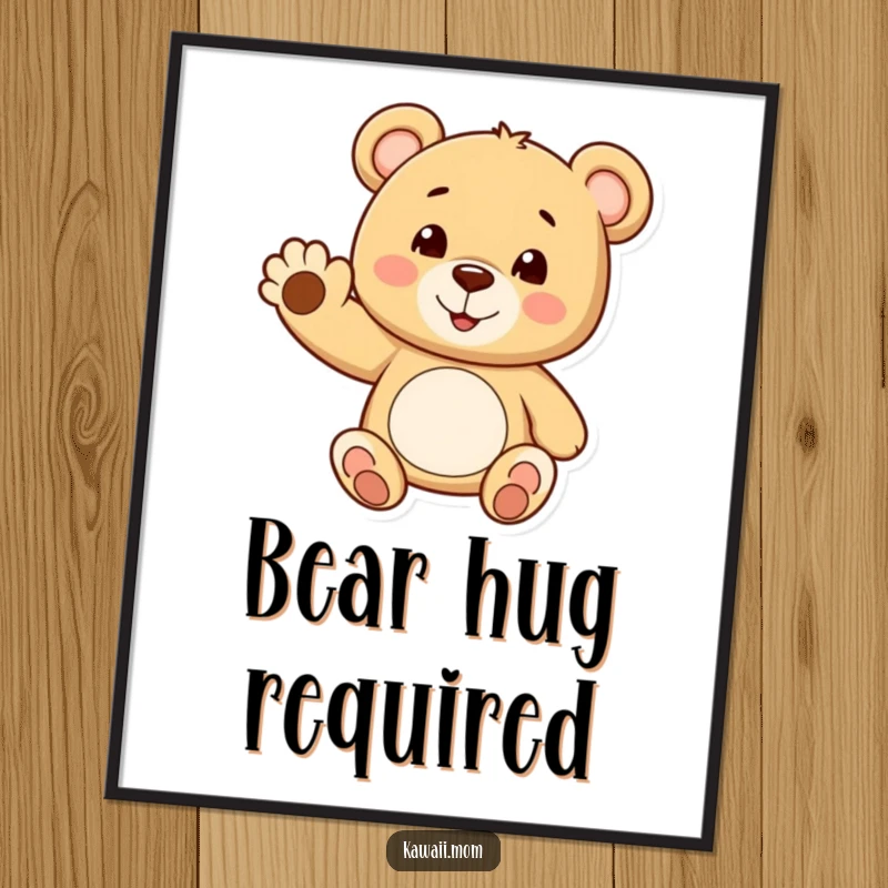 Funny teddy bear poster showing a cheerful bear waving a tiny paw with a smile, bringing a sense of happy greetings.